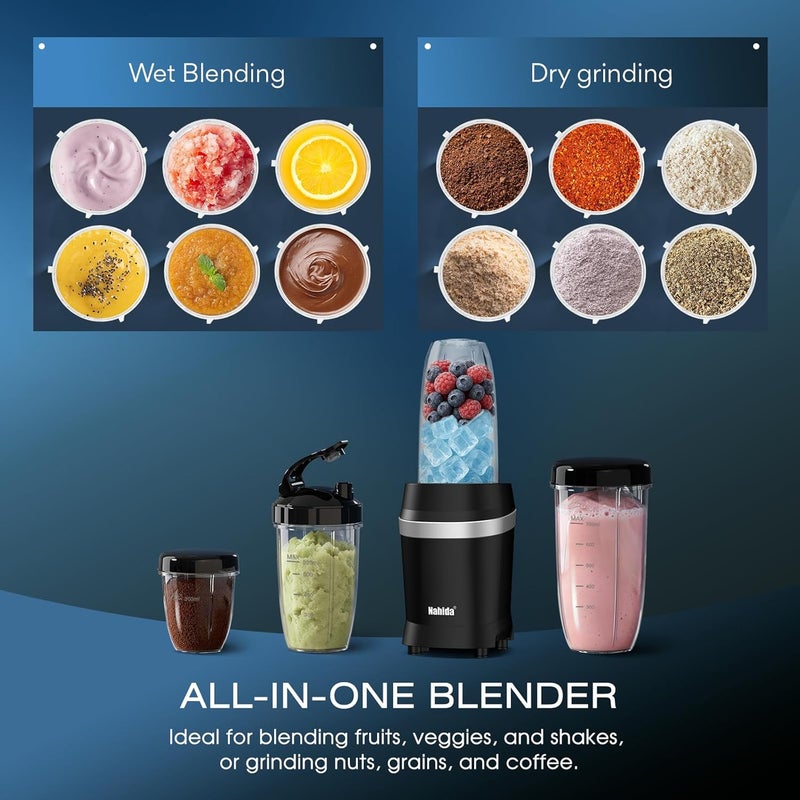 Nahida Blender for Smoothies, 1200W Smoothie Blender for Ices Crushing, Blenders with (2) 6-Fin Blades, Personal Blenders for Kitchen with 23oz, 32oz, 37oz Easy Go Cups for Juices, Black - Image 4